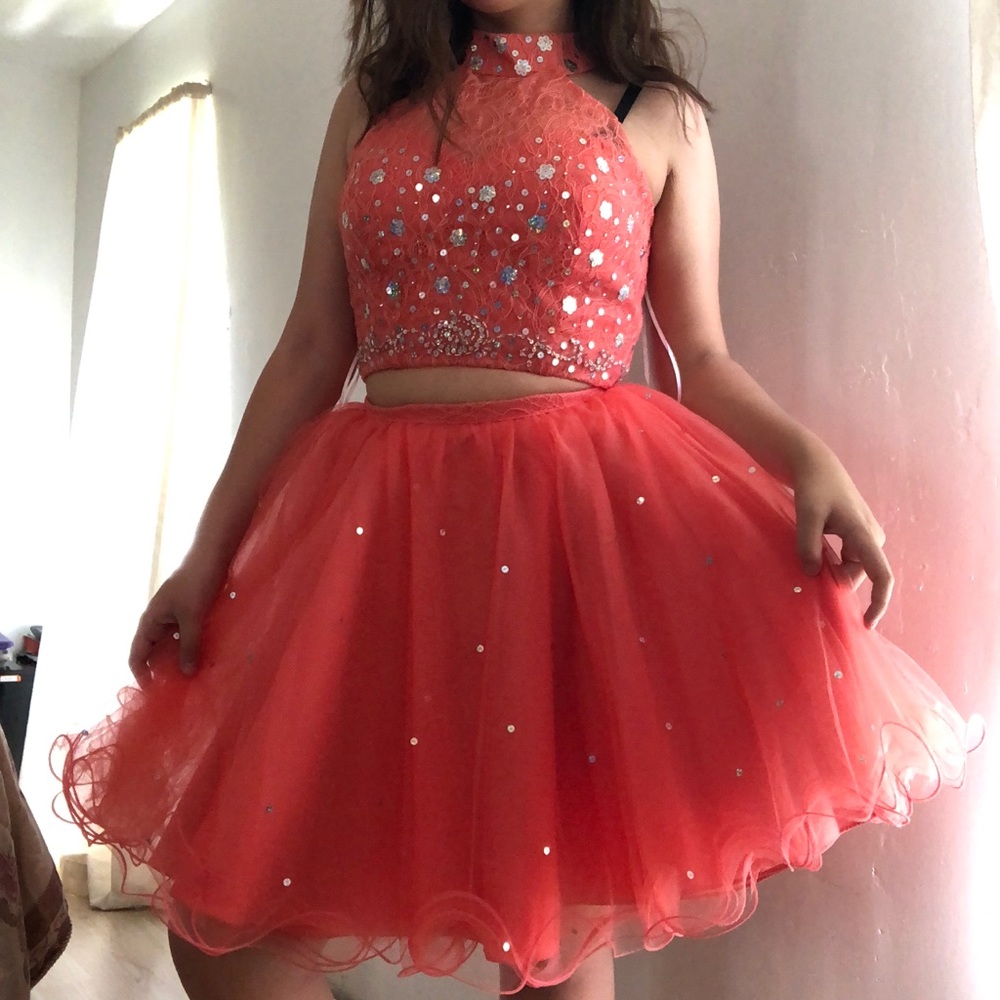 Coral Puffy Two Piece Dress